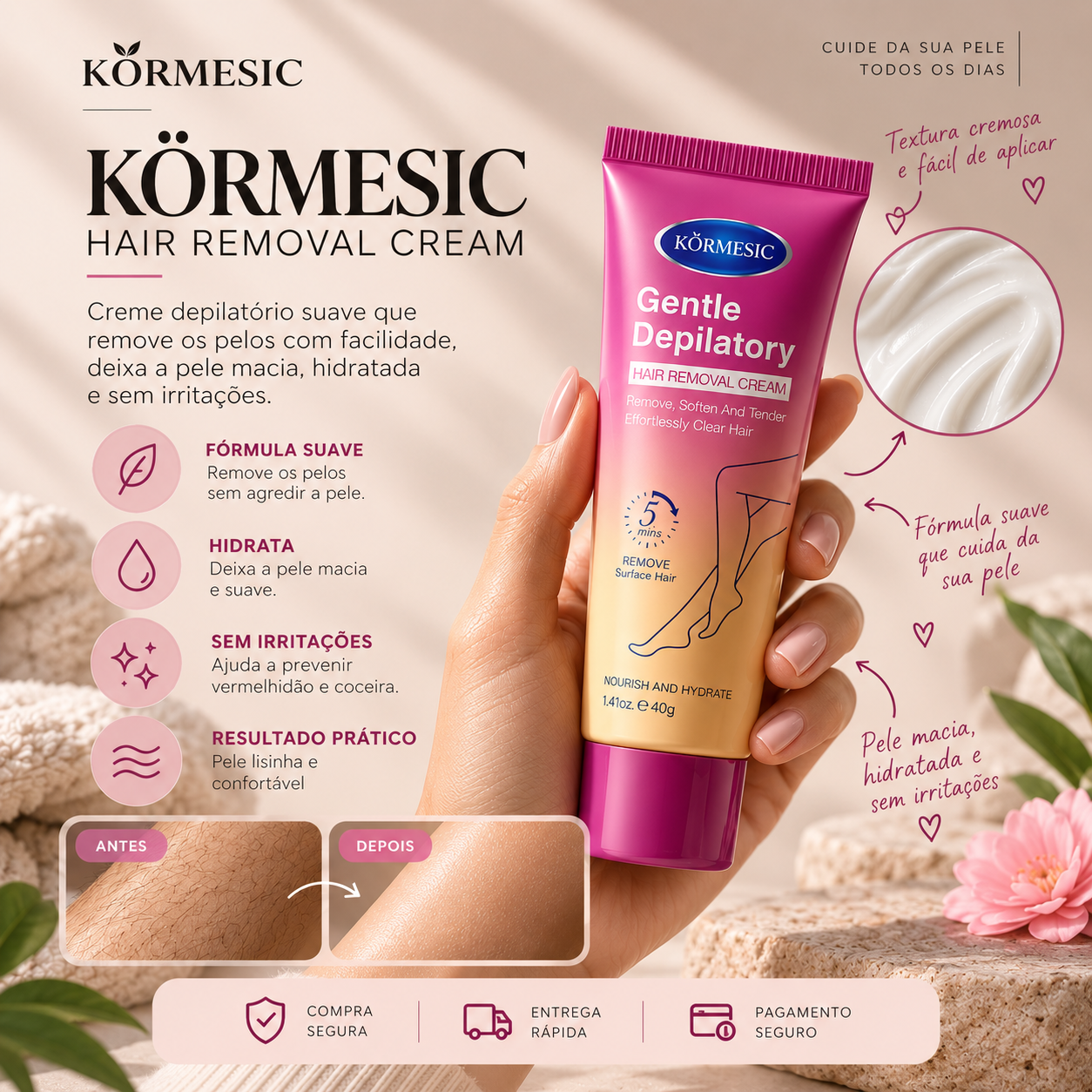 Apresentação do KÖRMESIC Hair Removal Cream com fórmula suave, hidratação, ausência de irritações e resultado prático